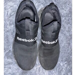 Well worn Reebok Slip On Sock Sneakers Black Speckled Midsole Mens 6 Womens 7.5